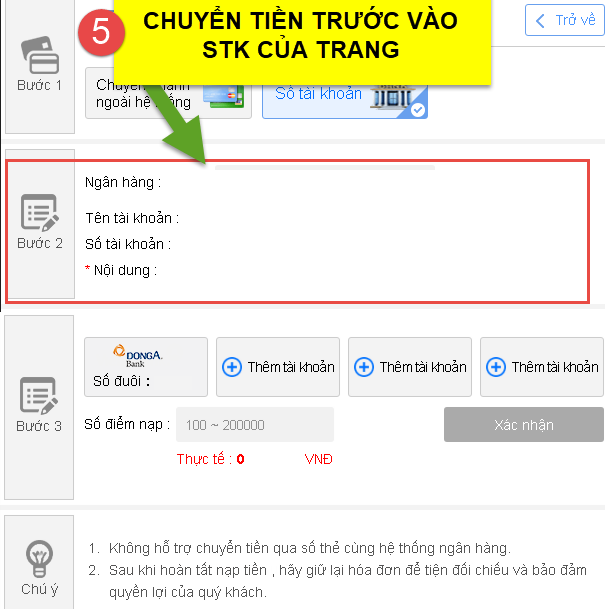 chuyển tiền vào stk trang cấp